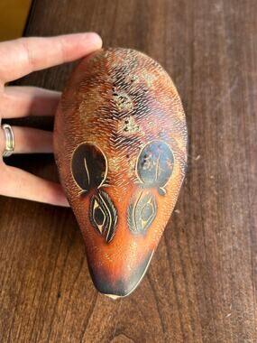 Hand-carved burned Peruvian folk art gourd rattle signed Evaristo Medina